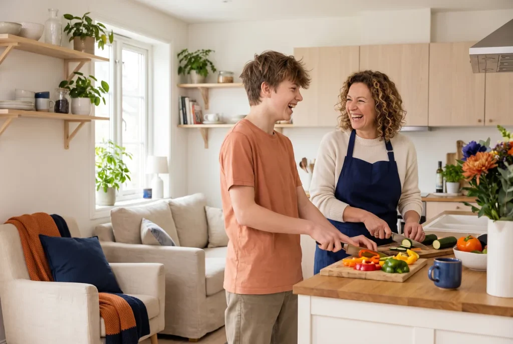 Jugendlicher und Mutter kochen gemeinsam und lachen.