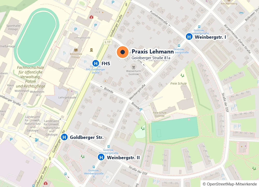 Kartenausschnitt: Praxis in der Goldberger Straße 81a am Wasserturm, mit den Bushaltestellen Fachhochschule, Goldberger Straße, Weinbergstraße I und II.